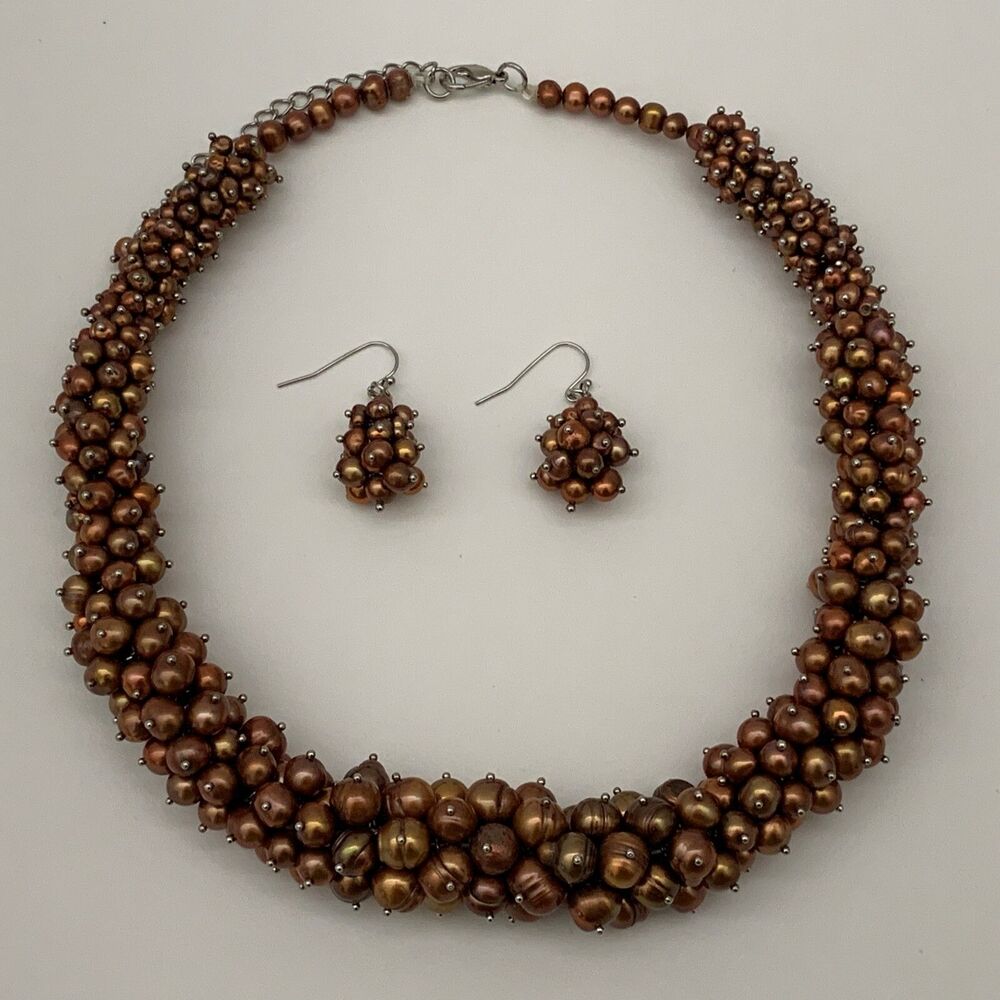 Women's Necklace Dangling‎ Earrings Set Brown Beads Beaded Silver-tone NWOT